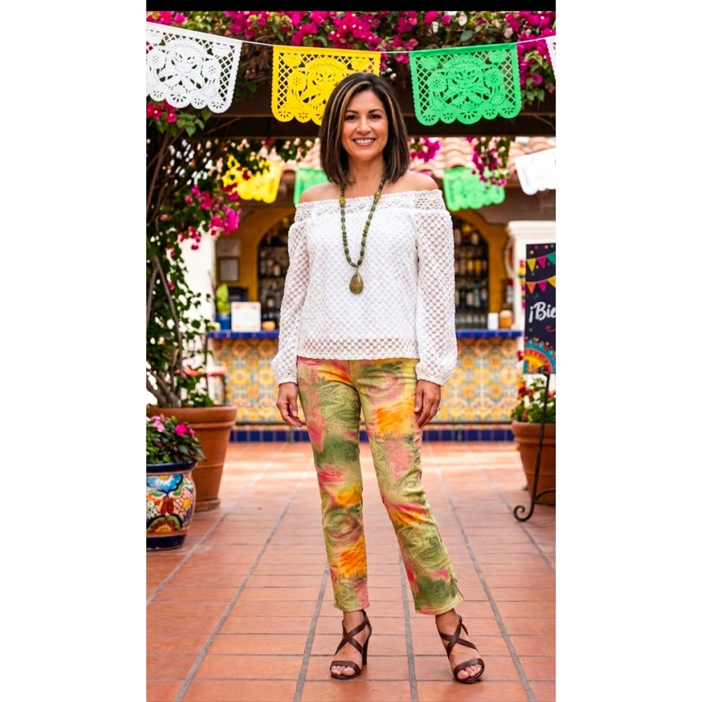Vtg Rampage Paisley Pants Entro Lace Top & Unakite Necklace 3pc Boho Bundle